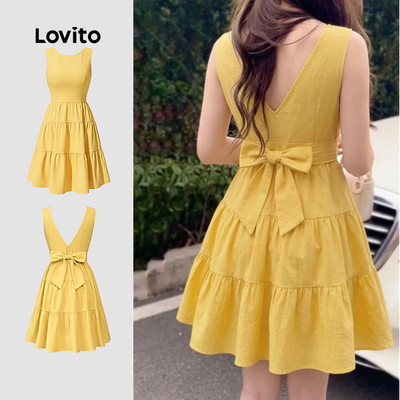 Đầm Lovito phong cách thường ngày phối nơ mùa xuân/hè màu vàng cho nữ LK3ED616