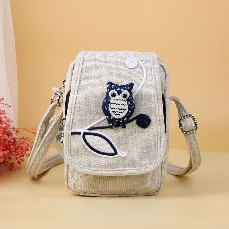 New flip-cover phone bag, double-layer zipper fabric pouch, owl crossbody bag, lightweight shoulder 