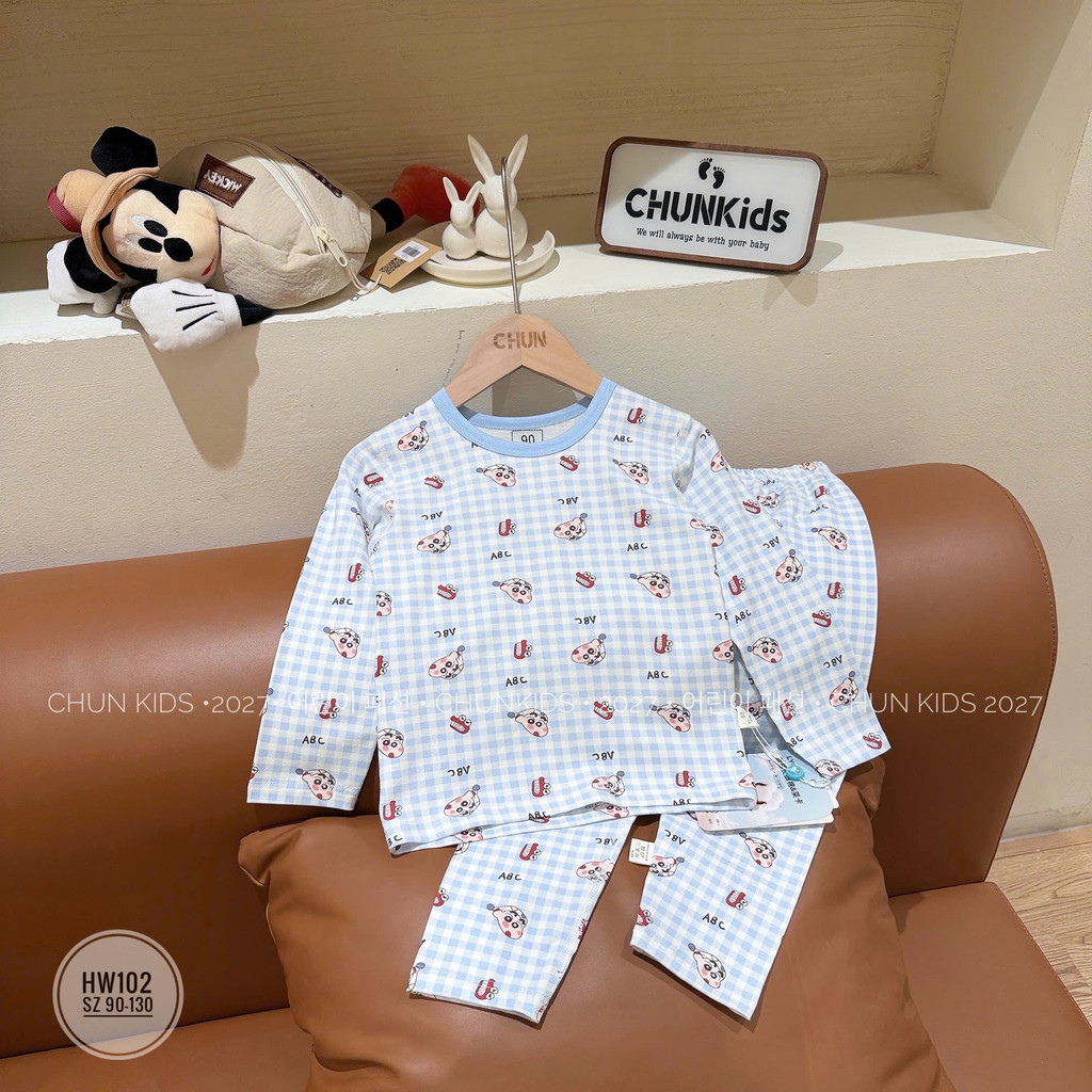 HW102 - Bộ thun dài tay CHO BÉ kẻ caro cậu bé Shin và cá sấu học bảng chữ cái ABC