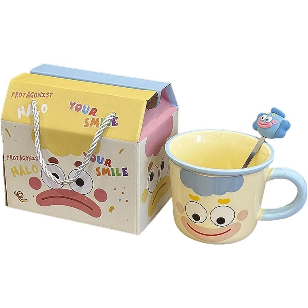 Cặp đôi cốc gốm chú hề 350ml / 12oz có nắp không đều-xanh (cốc + thìa + hộp) -350ML NUFF