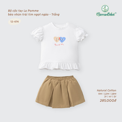 Bộ cộc tay La Pomme bèo nhún trái tim ngọt ngào - Sợi Natural Cotton thoáng mát - Bé gái - 9M - 5Y