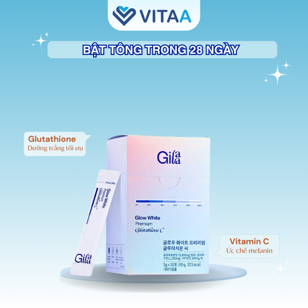 Bột ngậm trắng da Glutathione C ngậm dưới lưỡi Gilla giúp mờ sạm nám, tăng đàn hồi 30 gói