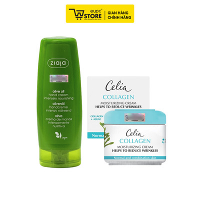 Combo Kem Dưỡng Da Tay Và Móng Ô Liu Ziaja 80ml Và Kem Bảo Vệ Dưỡng Ẩm Giảm Nhăn Collagen Celia 50ml