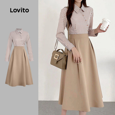 (New Arrival) Lovito Đầm khaki nữ mùa thu đông không tay dáng bất đối xứng cài nút LBL36077