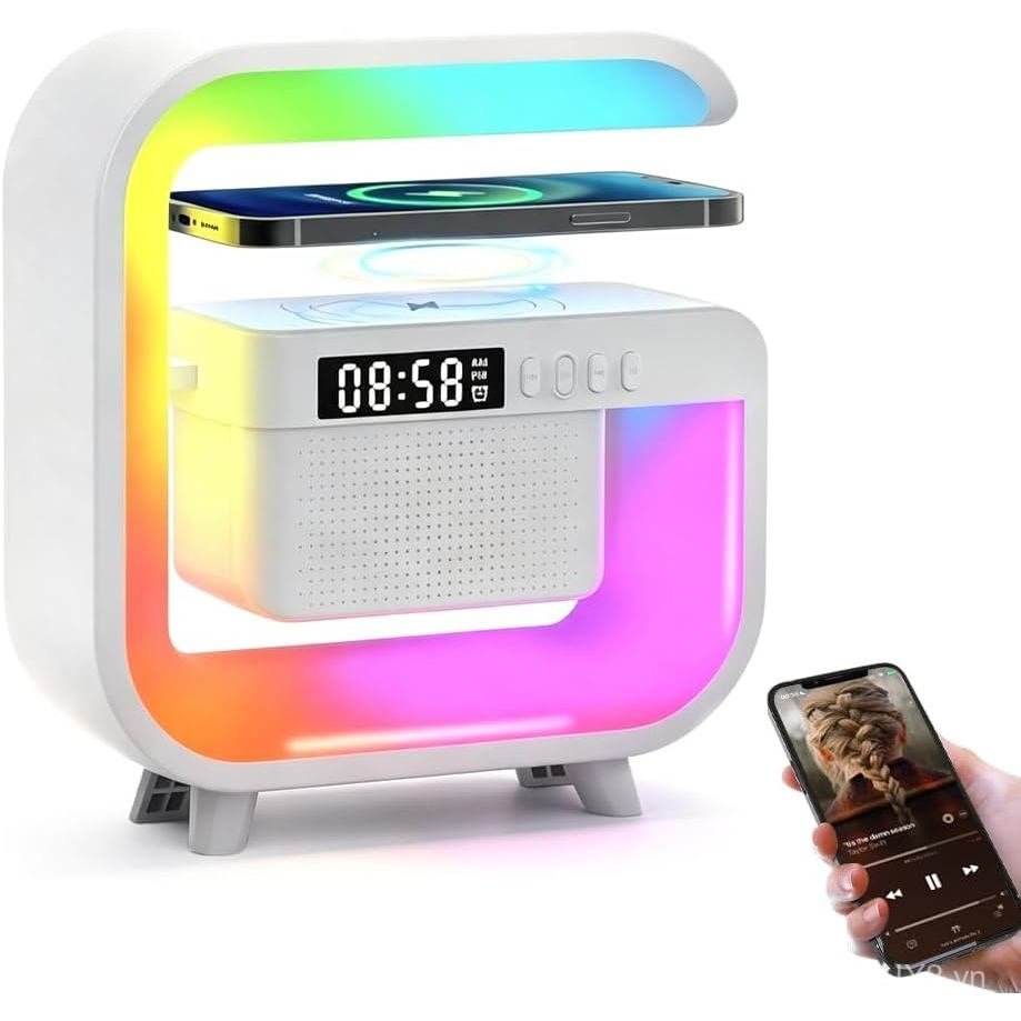 LED Table Lamp Speaker with Wireless Charger, Night Light Lamp with Bluetooth Speaker, Sunrise Alarm