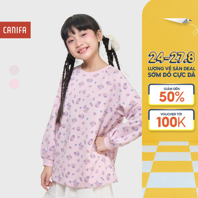 Áo nỉ bé gái CANIFA tay bồng chất liệu cotton pha in hoạ tiết dễ thương 1TW25W008