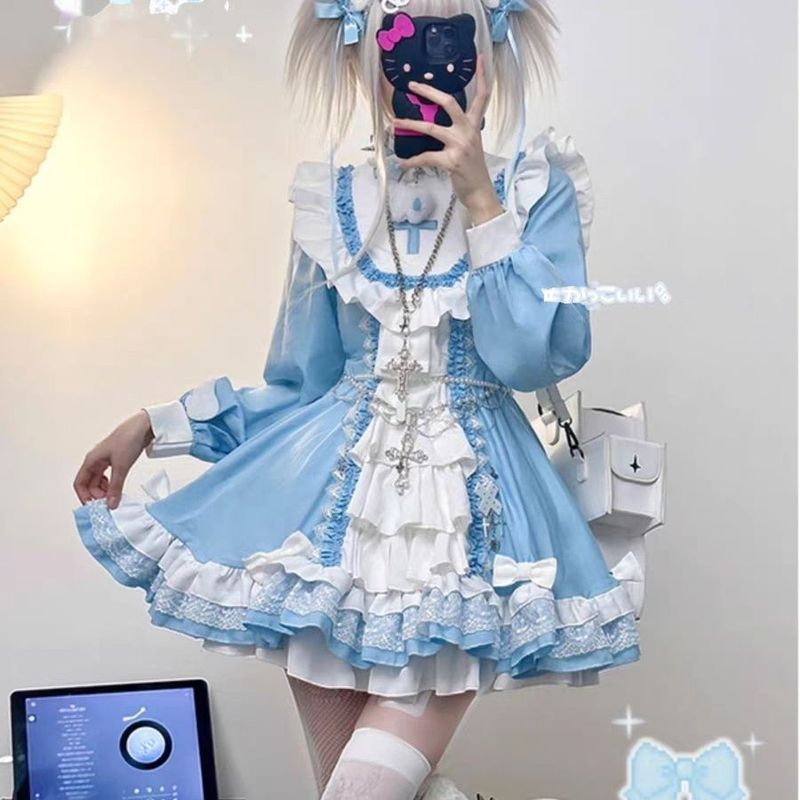 Gothic Nun Phong Cách lolita Đầm lolita Ngọt Ngào Thoáng Mát Lông Tơ Giáng Sinh Đầm Công Chúa Đen Tr