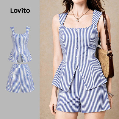 Áo/ Quần nữ Lovito xanh dương xuân hè nút phong cách thường ngày LK5ED1004