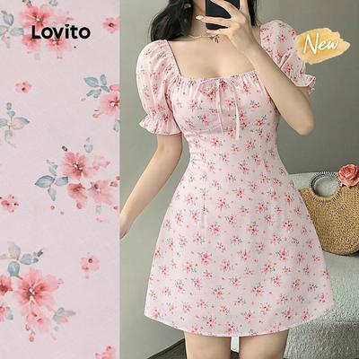 (New Arrival) Lovito Đầm hồng mùa xuân/hè viền lá xà lách dáng rộng cho nữ L198ED206