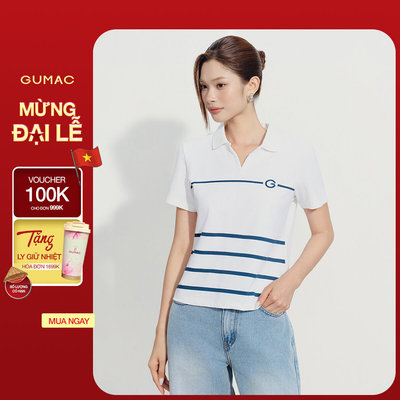 Áo Thun Polo Nữ GUMAC Dáng Lửng Nẹp Xẻ V In Sọc Ngang Thun Cá Sấu Thoáng Mát  APG07053