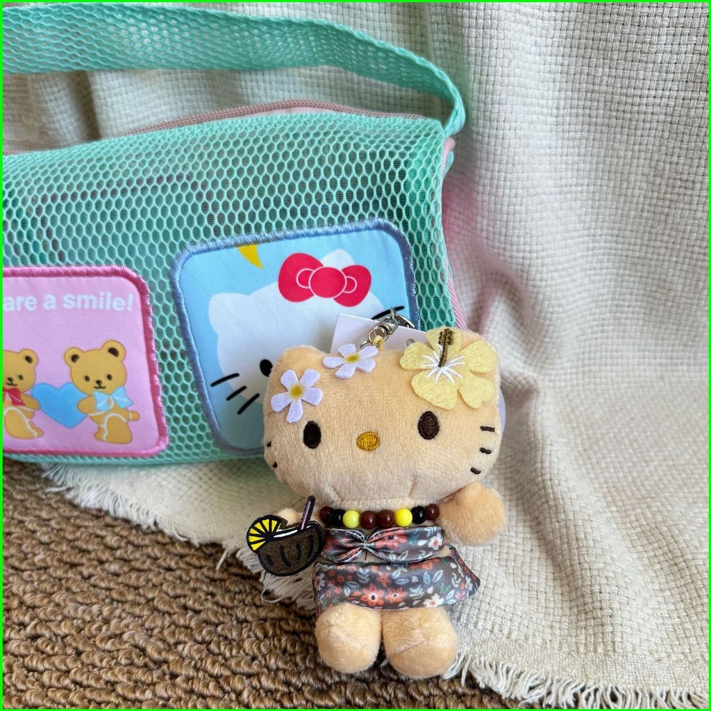 PS1 Hello Kitty Plushie Hawaii Tan Da Mini Móc Khóa Mặt Dây Chuyền Hoa Đầm Dừa Uống Túi Charm SP1