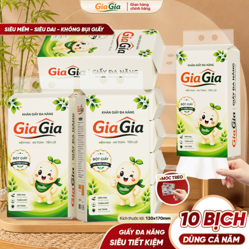 Khăn Giấy Khô Đa Năng Mino Gia Gia 10 Bịch, Giấy Rút Treo Tường, Giấy Lau Đa Năng 1.780 Lượt Rút
