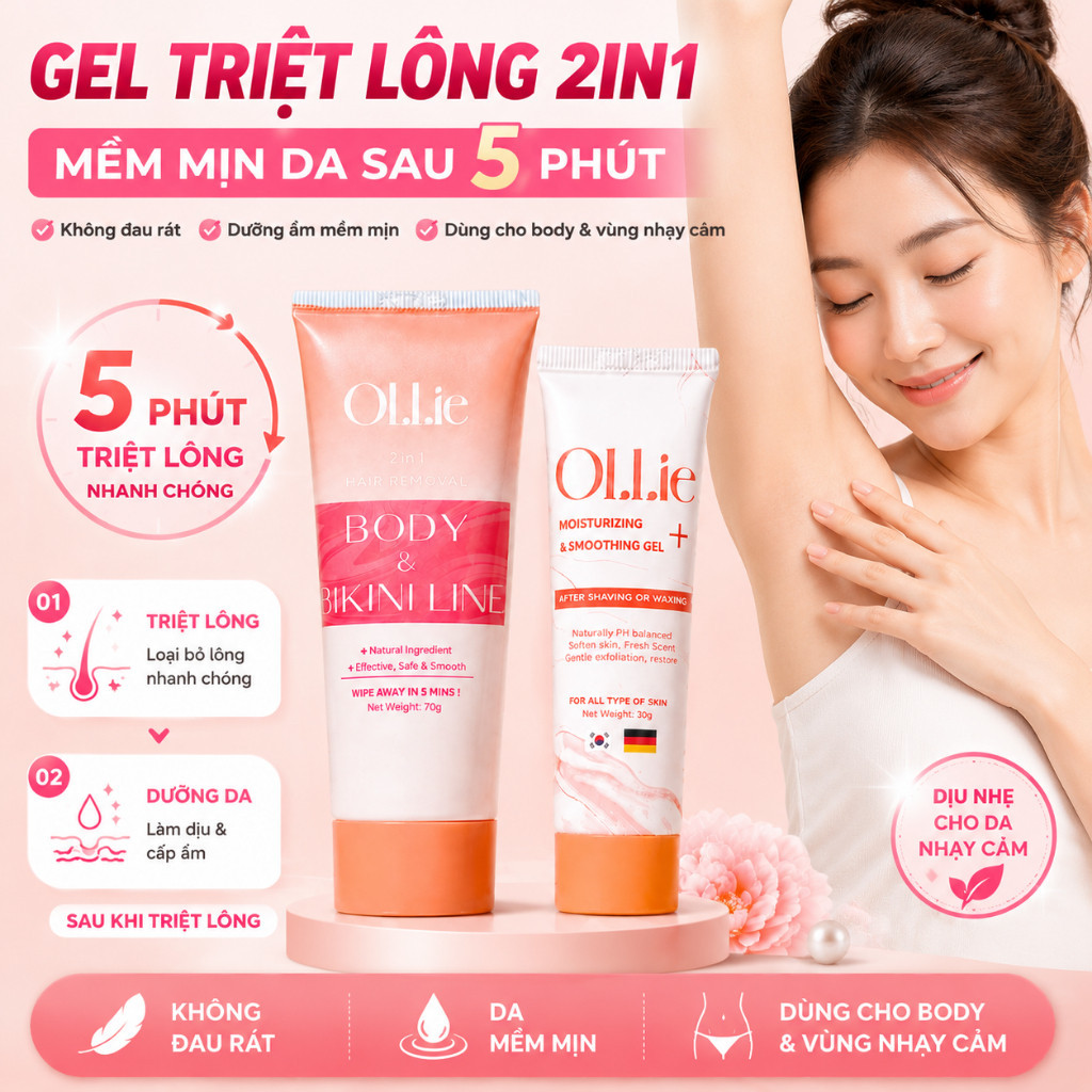 Bộ Đôi Ollie Triệt Lông & Dưỡng Da - Kem Tẩy Lông Vùng Kín, Tay Chân, Nách - An Toàn, Dịu Nhẹ, Da Mị