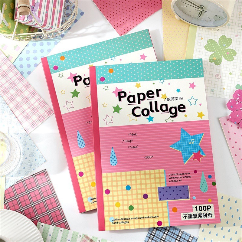 Sổ 100 Tờ Giấy Nền PAPER COLLAGE Material Book Trang Trí Size A4 Chấm Bi & Caro