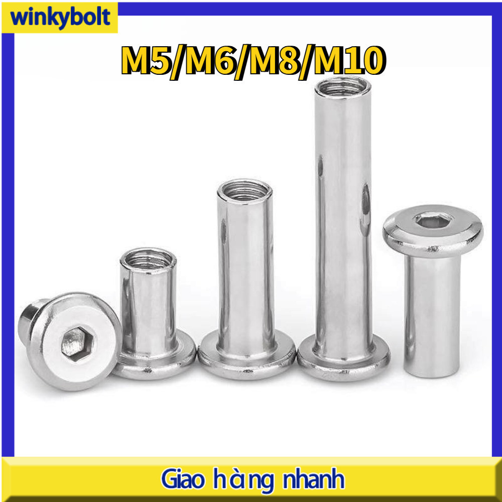 Đinh tán vặn ren inox 304 / Đinh tán đầu pake inox 304 / Barrel nut connector 304/M5 / M6 / M8 / M10