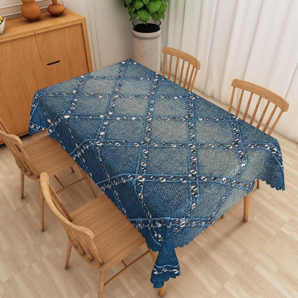 Khăn Trải Bàn Denim Và Kim Cương 70x140 Inch Kim Cương Giả Kẻ Sọc Vintage Xanh Denim Vải Bàn Vải Pol