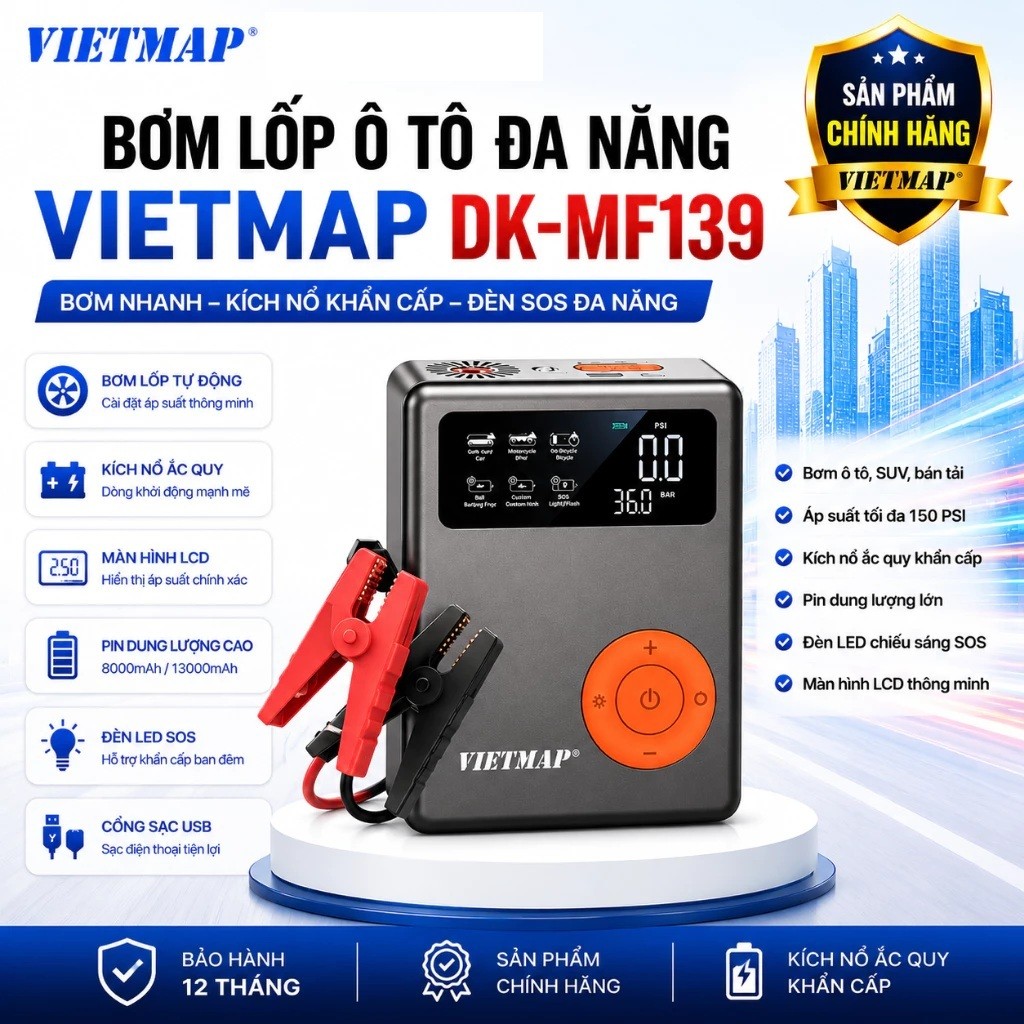 [DK-MF139] BƠM LỐP KIÊM KÍCH BÌNH ĐA NĂNG VIETMAP DK-MF139 - HỖ TRỢ PIN SẠC DỰ PHÒNG, MÀN HÌNH LED, 
