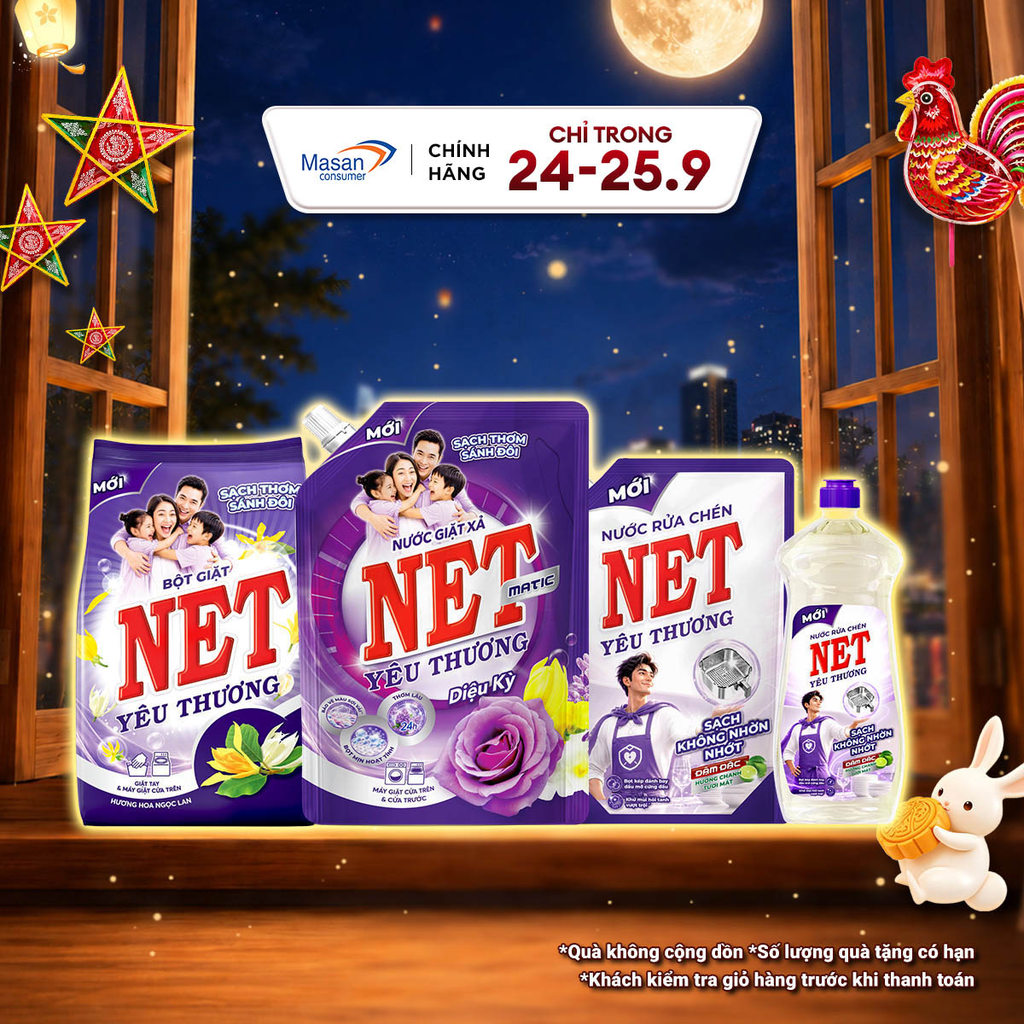 Combo NET yêu thương - Nước giặt 3kg + bột giặt 600gr + Nước rửa chén 2kg + nước rửa chén 750gr