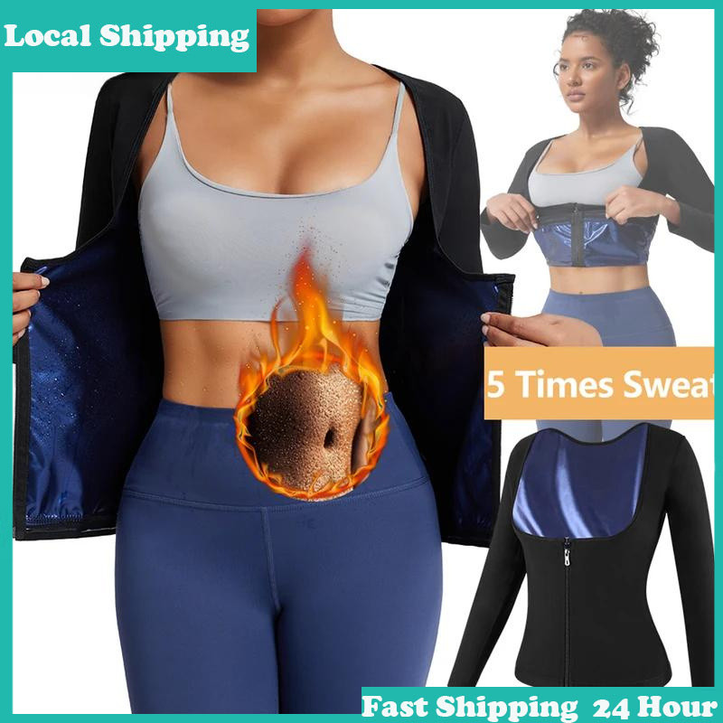 Local Shipping Long Sleeve Sauna Suit Shirt with Zipper Women Sweat Waist Trainer Vest Workout Compr