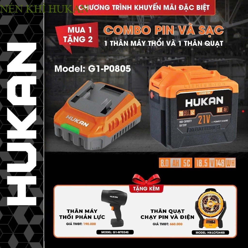 Pin máy khoan HUKAN 8A, Combo Pin+Sạc HUKAN G1-P0805+ 2  máy khủng TT Nén Khí HUKAN