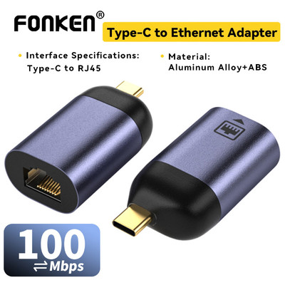Bộ chuyển đổi Ethernet Fonken Type-C sang RJ45 Đầu nối tốc độ cao 100Mbps cho điện thoại máy tính xách tay McBook