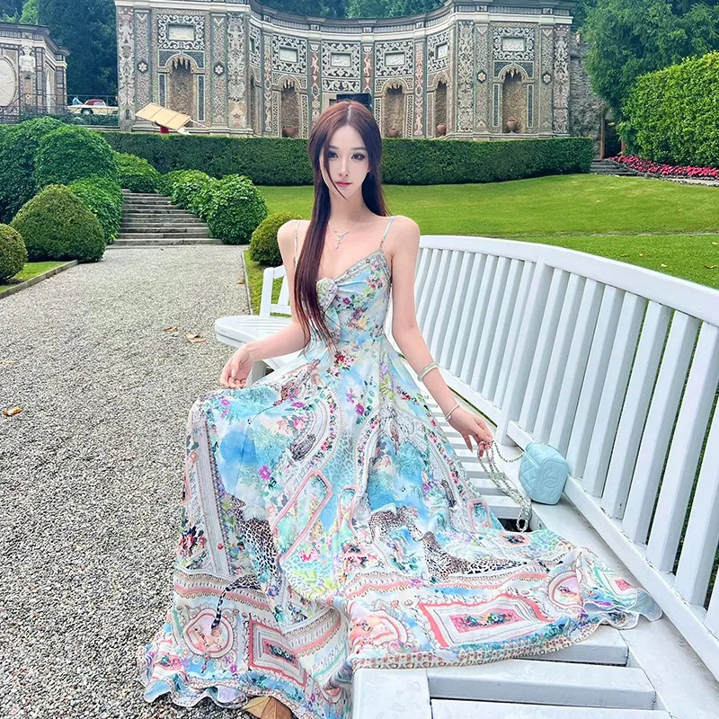 Váy treo kỳ nghỉ Bohemian Váy dây dài hoa cho nữ