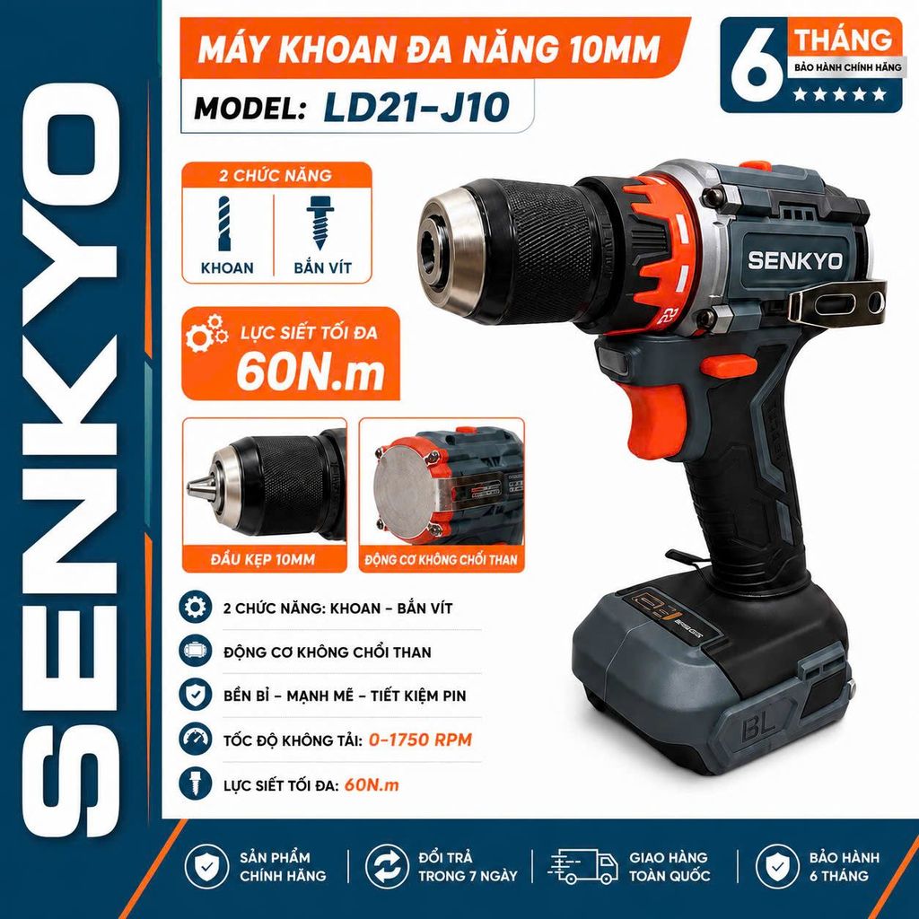 Thân Máy Khoan Pin 10mm SENKYO LD21-J10, Lực Siết 60Nm, Có Khoá Trục, Động Cơ Không Chổi Than