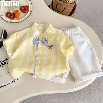 Set Bé Trai Áo Sơ Mi Sọc Vàng Trắng Đính Nơ Phối Quần Short Trắng Lịch Sự Mát Mẻ MINTSCLOSET TN3768