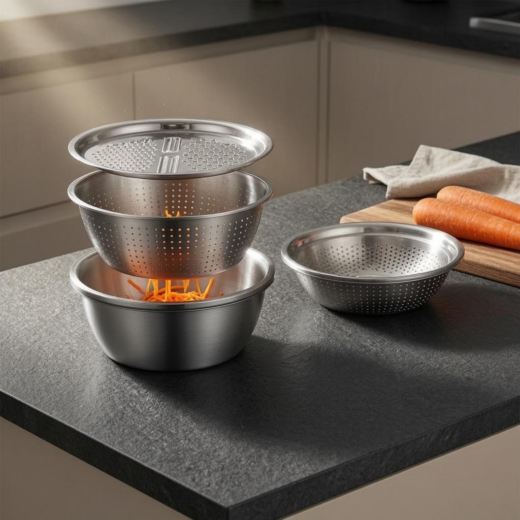 3 Miếng Thép Không Gỉ Grater Bát Bộ Tổ Đục Lỗ Lọc Bát Grater Nắp Bộ Tròn