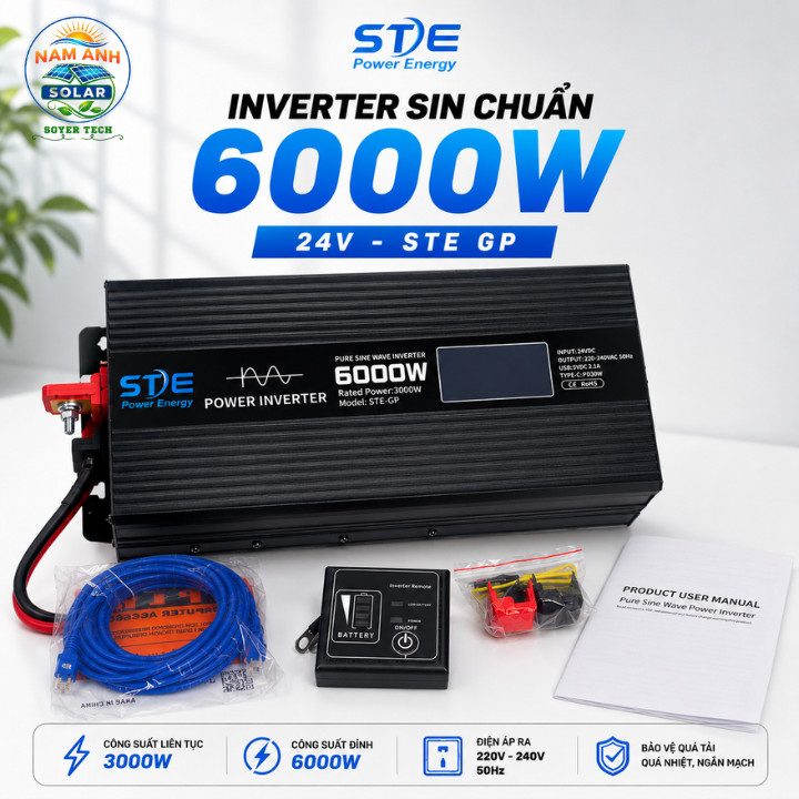 Bộ chuyển đổi điện sin chuẩn STE GP 6000W 24V sóng sin chuẩn Soyer Tech.Sin chuẩn 6000W 24V lên 220V