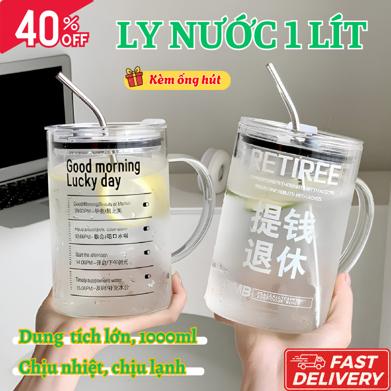 Ly Thủy Tinh Joful Home Dung Tích Lớn Có Quai Cầm 1000ML Đi Học Đi Làm