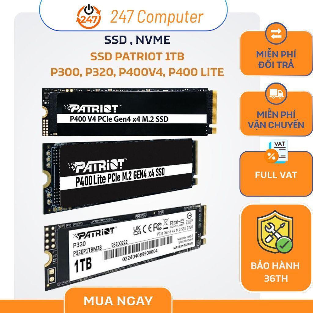 Ổ cứng SSD Patriot P300, P320, P400v4, P400 Lite  1TB M.2 2280 PCIe Gen3 x4 - BH 60 tháng
