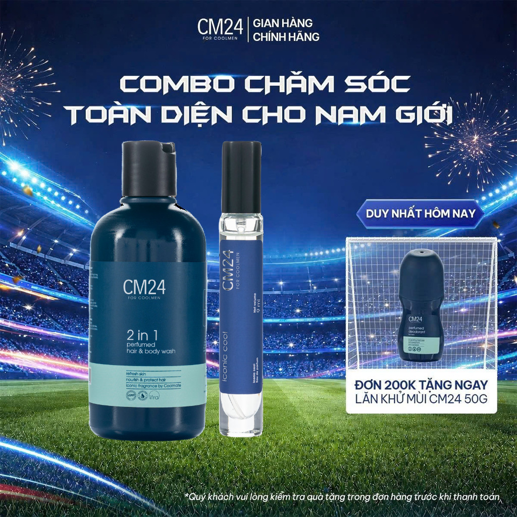 Combo Nước Hoa CM24 For Coolmen Iconic Cool 9ml Và Sữa Tắm Gội 2in1 180ml Sạch Sâu, Dưỡng Ẩm, Hương 