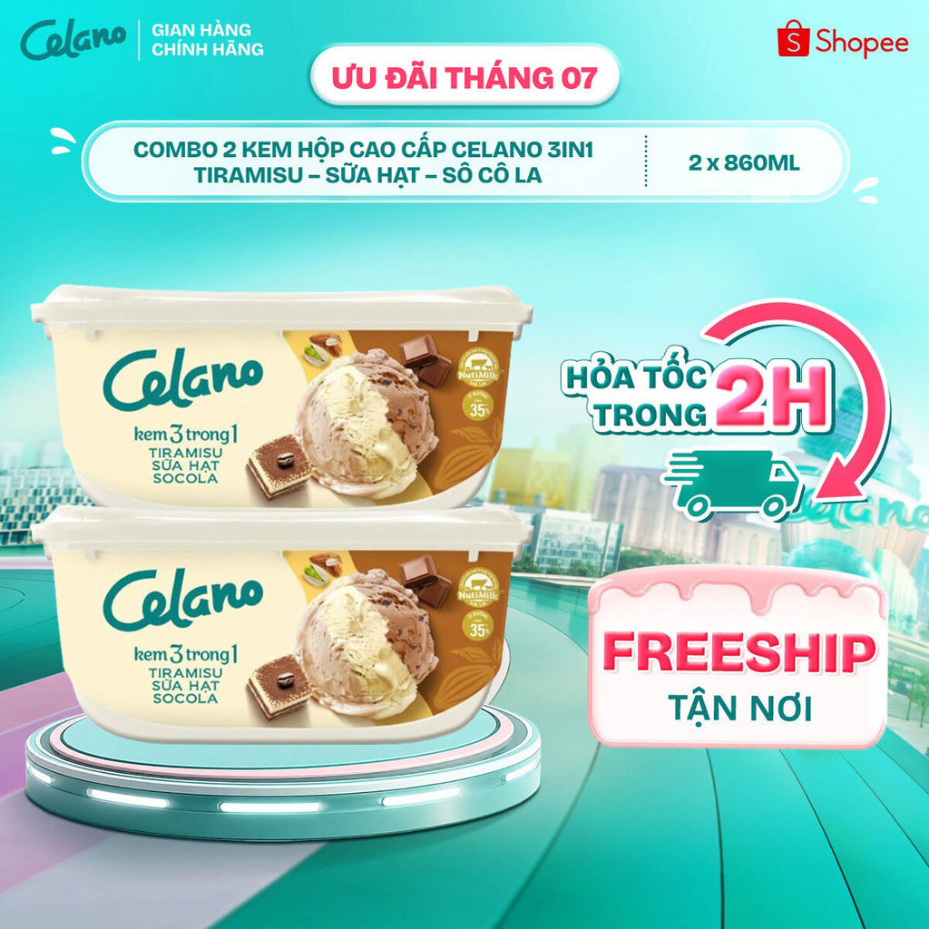 [Hỏa tốc HN/HCM] Combo 2 Kem Hộp Cao Cấp Celano 3in1 Tiramisu – Sữa Hạt – Sô cô la (860ml)