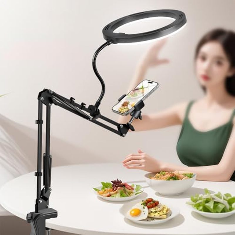 Overhead Phone Mount with Ring Light, 6.5in LED Selfie Ring Light for Desk，,Adjustable Phone Mount，f