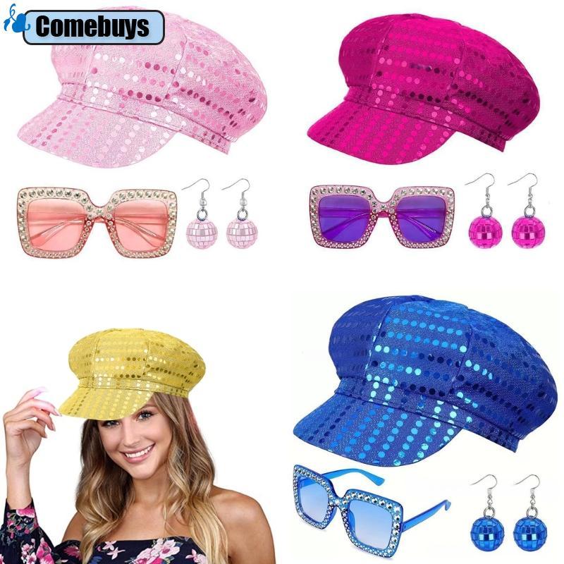 Com * 3 Bộ 70 Phụ Kiện Disco Nữ Trang Phục Disco Disco Disco Disco Disco Sequins Mũ Bông Tai Disco B