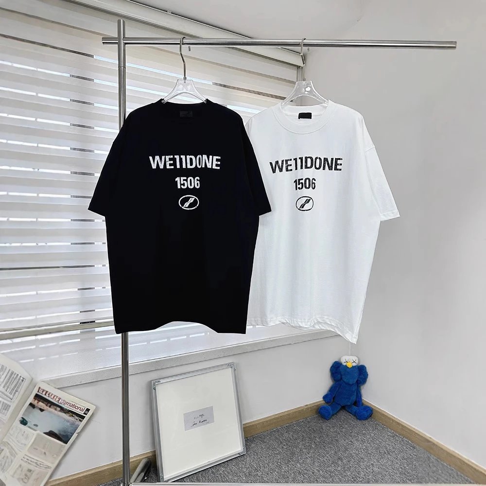 WE11DONEWHITE American Street Wear Alpha number LOGO Tay Ngắn Nam os Loose Casual Cặp Đôi Áo Thun Nữ