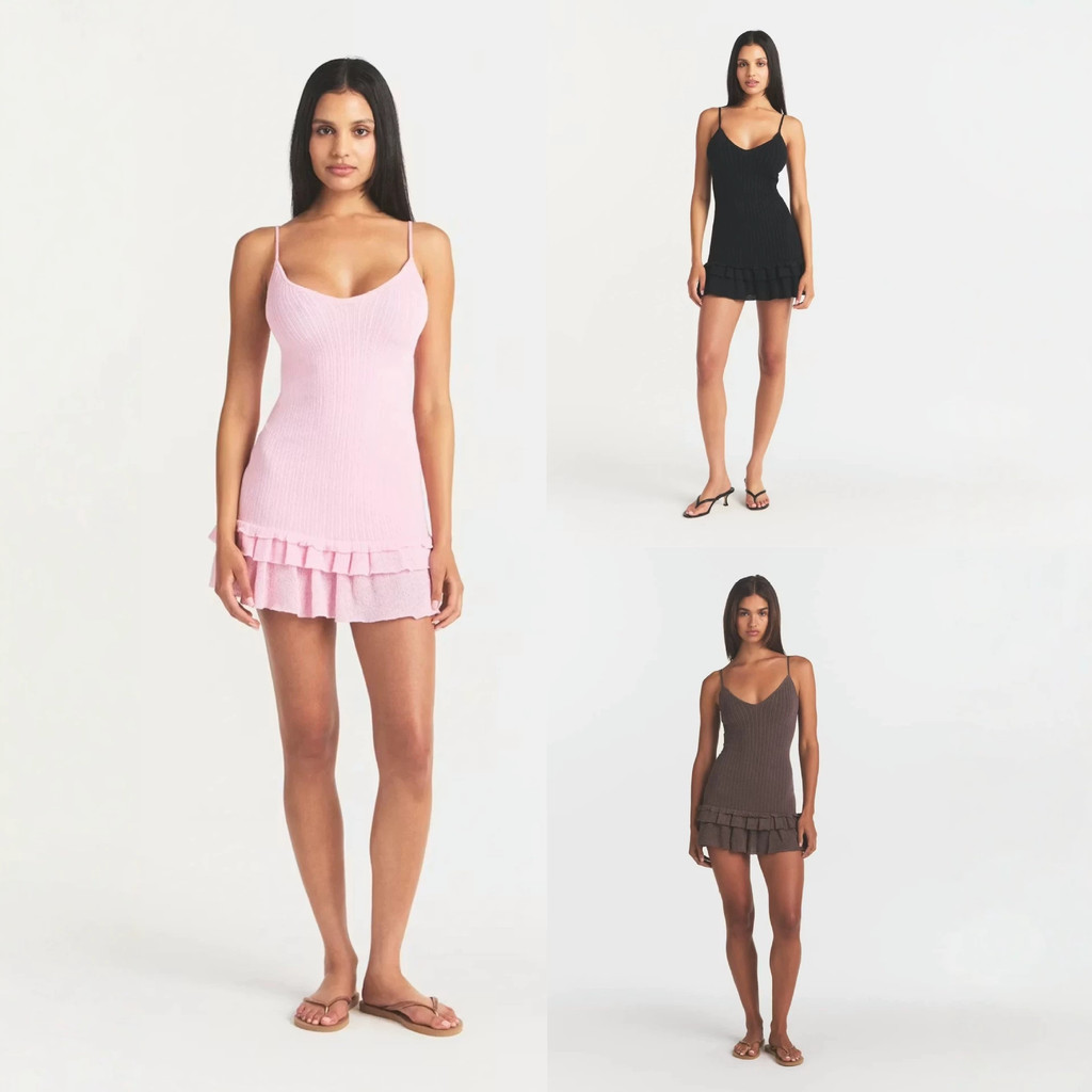 skims Semi-sheer knitted ribbed camisole dress with round neck and ruffle hem