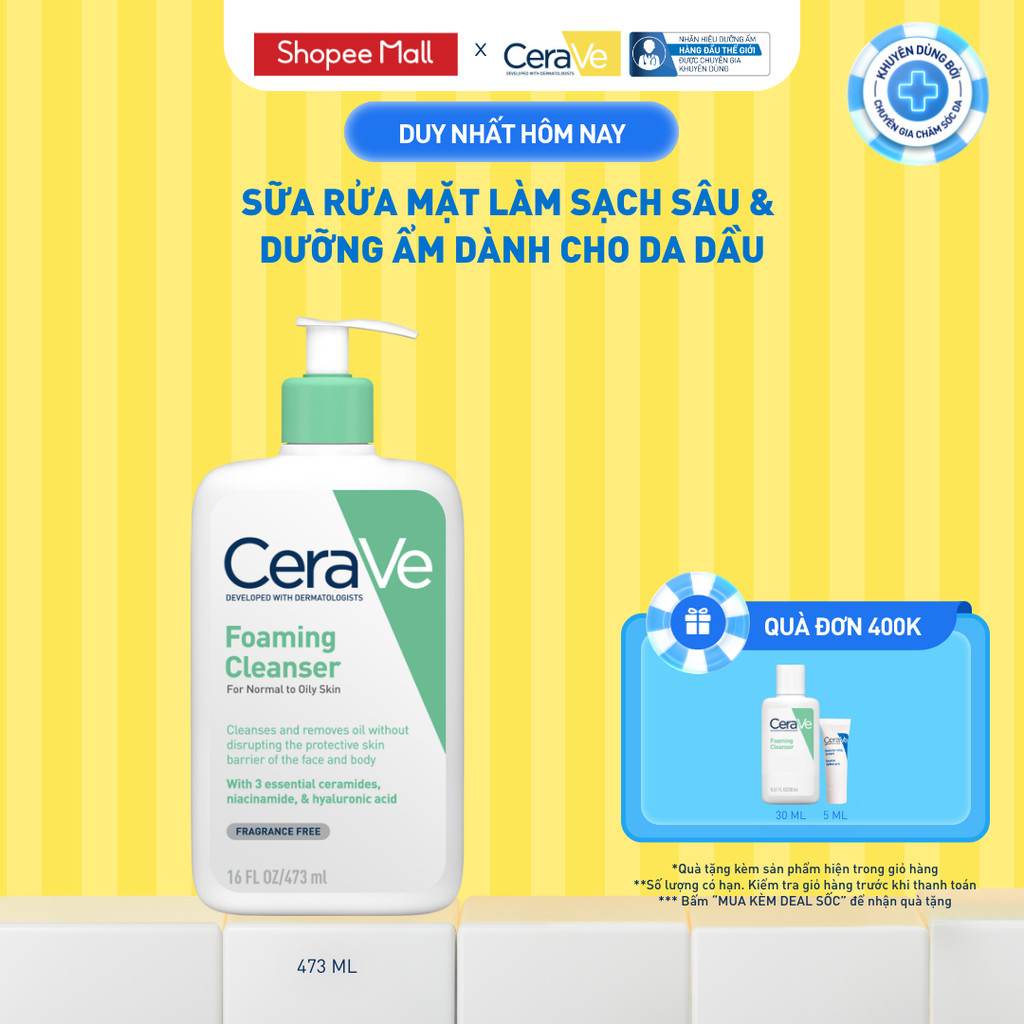 Sữa rửa mặt foaming giúp làm sạch sâu và dưỡng ẩm dịu nhẹ dành cho da dầu - CeraVe Foaming Facial Cleanser 473ML | BigBuy360 - bigbuy360.vn