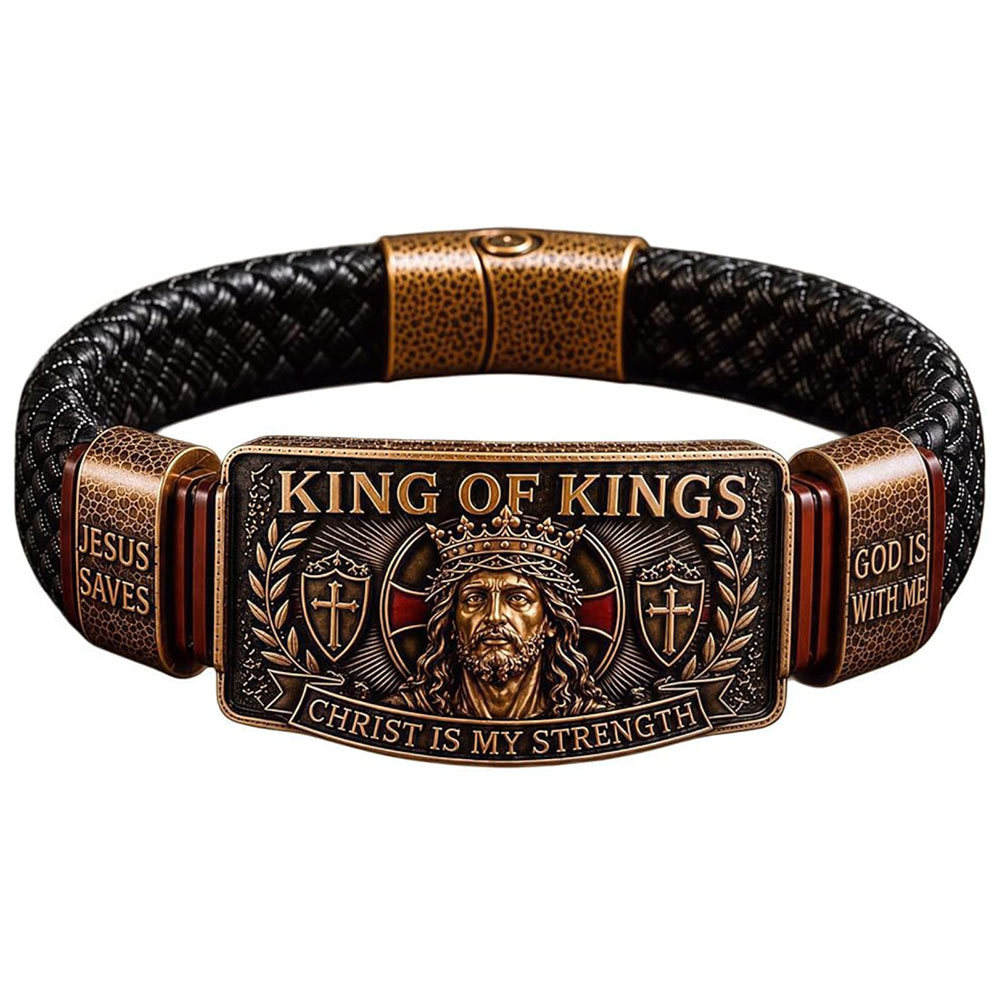 Vintage Braided Leather Bracelet King of Kings Christ My Strength Jesus Saves God Is With Me Christi