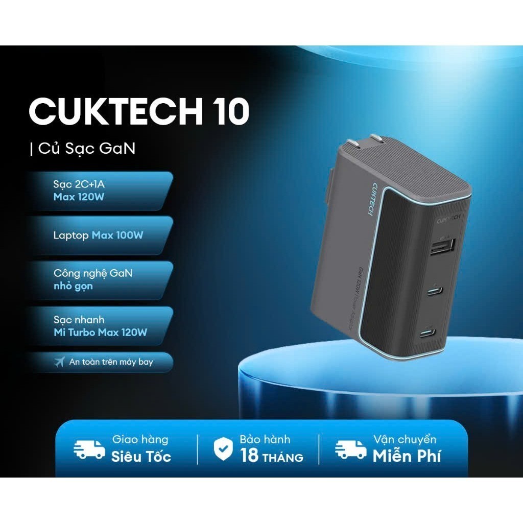 [TẶNG CÁP RBS]Củ Sạc GaN CUKTECH 10 2C1A | Công Suất 100W Max | Hỗ Trợ Sạc Nhanh | 3 Cổng | Bảo Hành