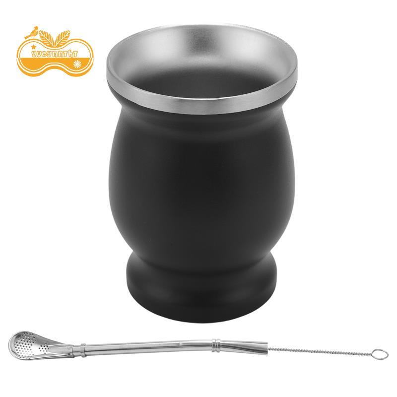 Yerba Mate Gourd Set Cốc trà không gỉ hai lớp và Bombilla 8 Ounce Bombillas Yerba Mate Straw - Đen