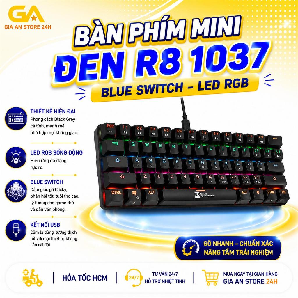 Bàn Phím Cơ Gaming Mini Có Dây (USB) LED R8 1037 (Blue Swich) - Thiết Kế Nhỏ Gọn