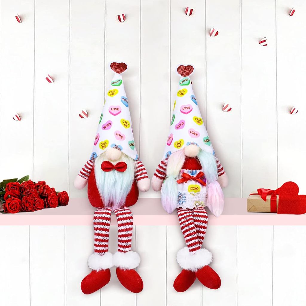 Đồ trang trí sang trọng Valentines Gnomes, 2 gói Kẹo trái tim Valentines Gnomes với cặp đôi chân dài