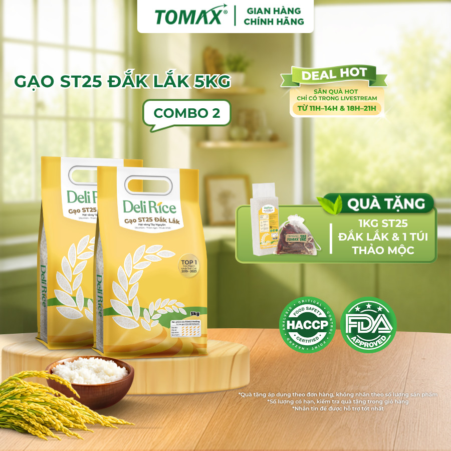 Combo 2 Túi Gạo ST25 Deli Rice 5kg Thượng Hạng, Dẻo Thơm Tự Nhiên, Vị Ngon Hòa Quyện - TOMAX