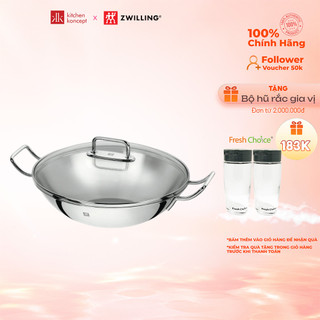 Chảo Inox Xào Sâu Lòng Wok Zwilling Plus 32cm có nắp kính dùng được trên bếp từ