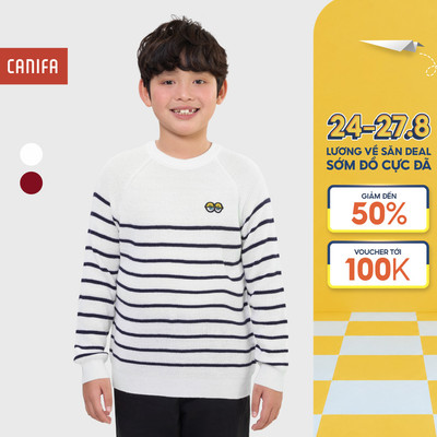 Áo len bé trai CANIFA dài tay họa tiết kẻ cổ tròn 2TE25W004