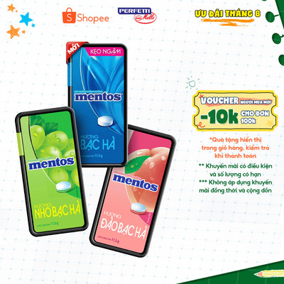 COMBO Kẹo ngậm không đường Mentos Hương Đào/Nho Bạc Hà (hộp nhựa) mang đến hơi thở tươi mát