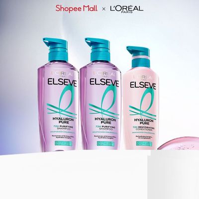 Bộ đôi gội & 1 dầu xả nhẹ bồng tóc 72H Elseve HA Moist da đầu khô hoặc Pure da đầu dầu L'Oreal Paris 620mlx2, 375ml