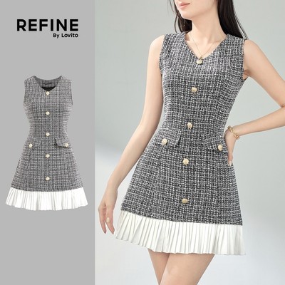 (Refine by Lovito) Đầm xếp ly nữ Gingham phối vải thanh lịch mã LR4ED030